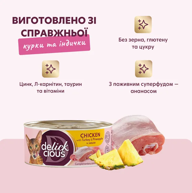 Delickcios банка курка-індичка-ананас у соусі для котів 0.085кг - фото 2, характеристики, купити в «Живий Куток»