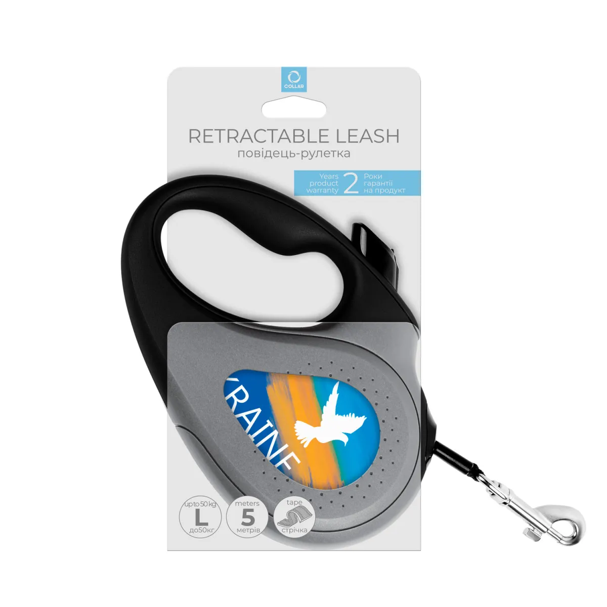 8126-0229-01 Повідець-рулетка WAUDOG R-leash малюнок "Прапор" L до 50кг, 5м світловідбив. стрічка, чорна