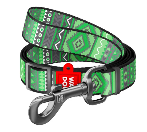 5337 Повідець WAUDOG Nylon регульований, малюнок "Етно зелений" Ш 20мм, Д 152-183см