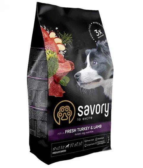 Savory сухий корм для собак середніх порід, ягня/індичка 3кг 30266