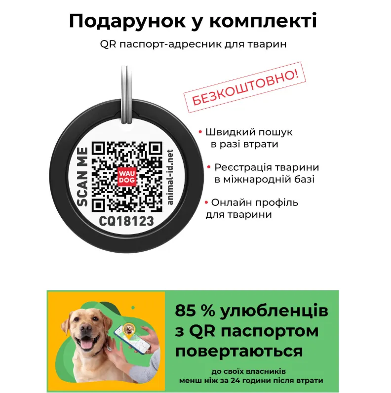 02181 Нашийник WAUDOG Classic шкіра, метал. фастекс L Ш 25мм Д 38-49см чорний