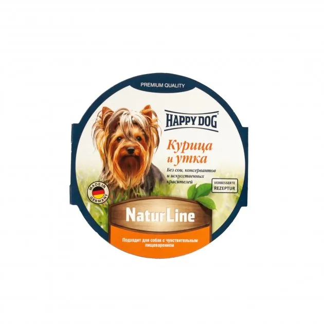 1002728 Happy Dog 85г курка качка консервований корм у вигляді паштету для собак