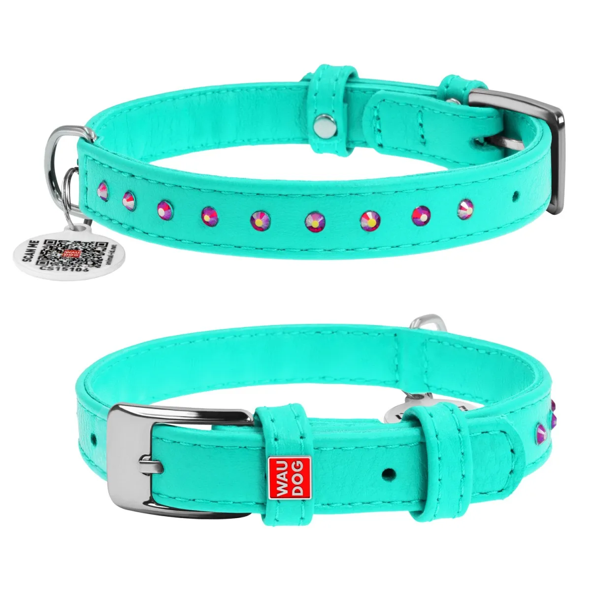 325213 Нашийник WAUDOG Glamour з QR-паспортом шкіряний з клей.стразами Ш 9мм Д 19-25см ментоловий