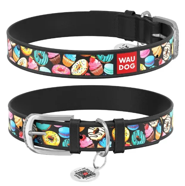 36931 Нашийник WAUDOG Design з QR паспортом, шкіряний, малюнок "Пончики" Ш 20мм Д 30-39см чорний