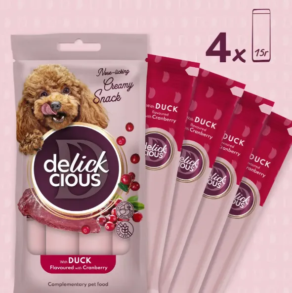 Delickcios Кремові ласощі для собак качка та журавлина 4*15г