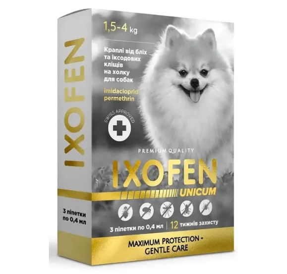 Краплі UNICUM IXOFEN проти іксодових кліщів, бліх та комарів для собак 1.5-4кг 0.4мл