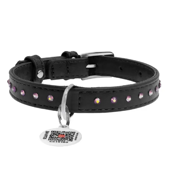 32681 Нашийник WAUDOG Glamour з QR паспортом, з клей. стразами Ш 12мм Д 21-29см чорний