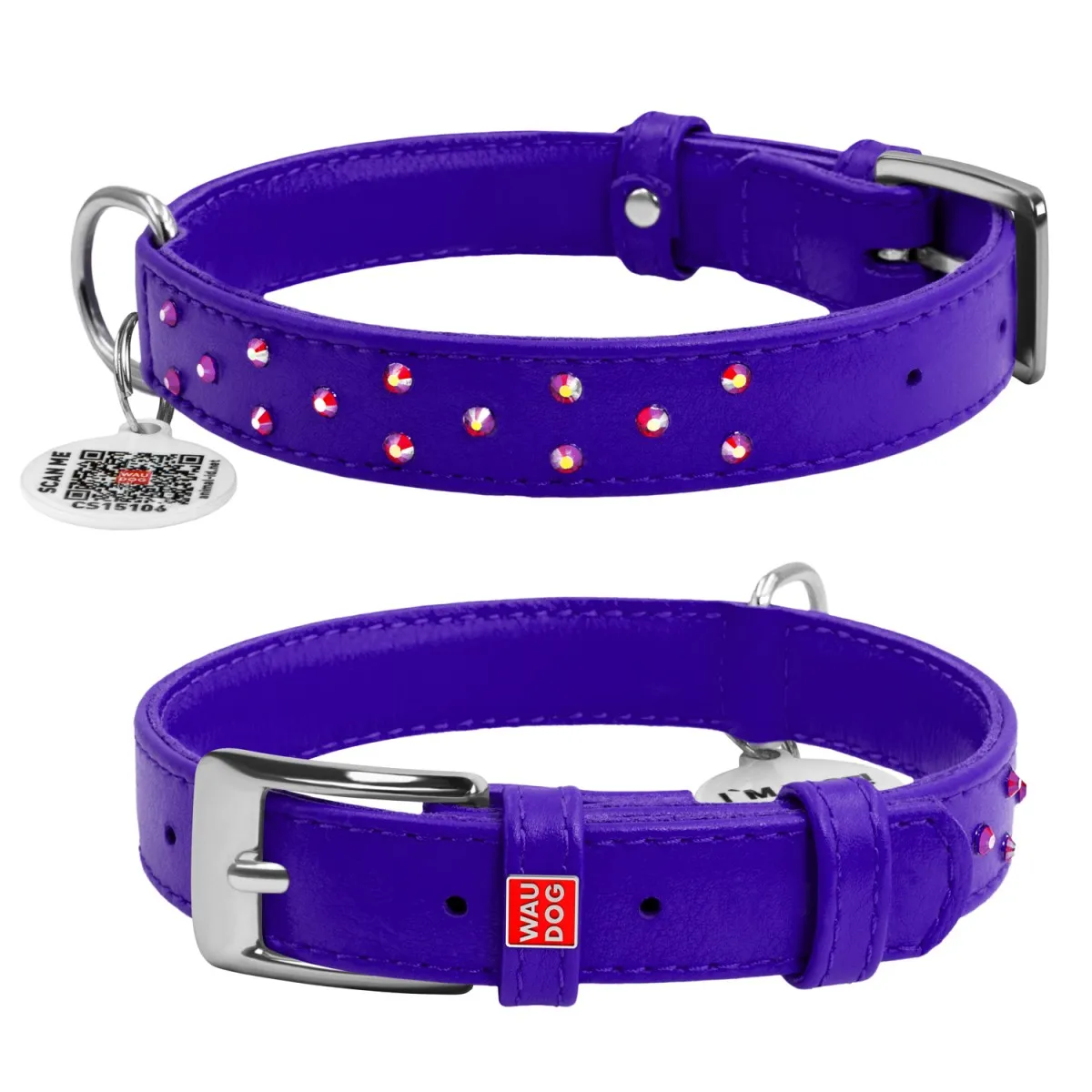 32689 Нашийник WAUDOG Glamour з QR-паспортом з клей. стразами Ш 12мм Д 21-29мм фіолетовий