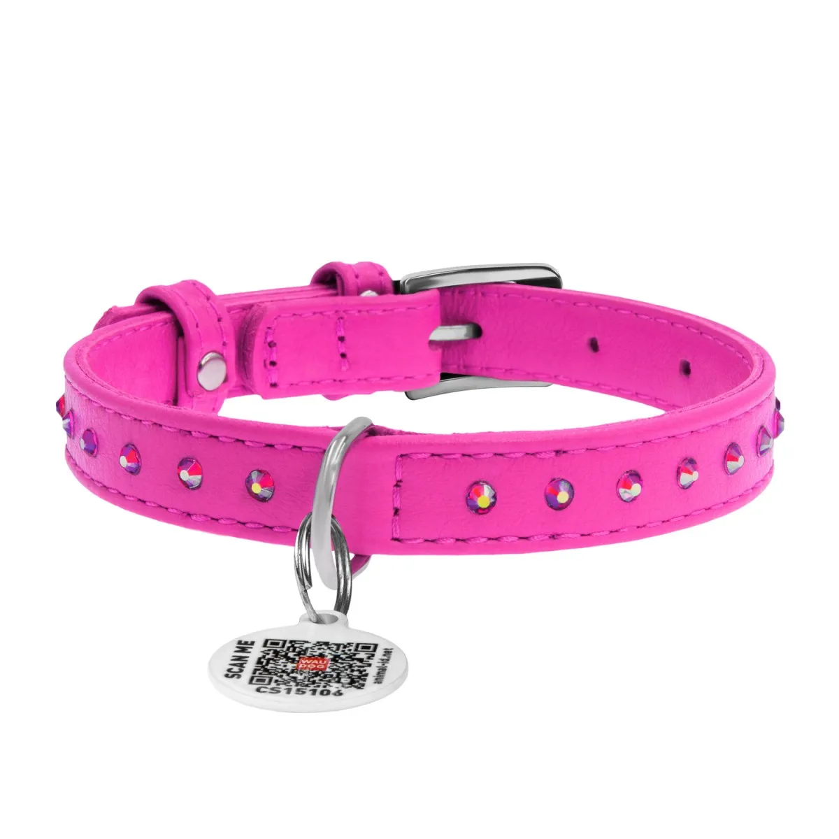 32527 Нашийник WAUDOG Glamour з QR-паспортом шкіряний з клей. стразами Ш 9мм Д 19-25см рожевий