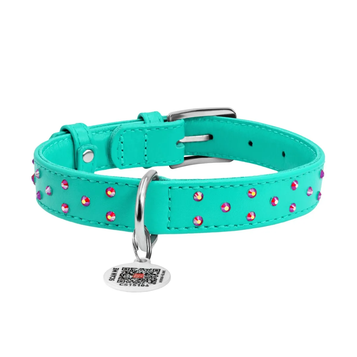 325213 Нашийник WAUDOG Glamour з QR-паспортом шкіряний з клей.стразами Ш 9мм Д 19-25см ментоловий
