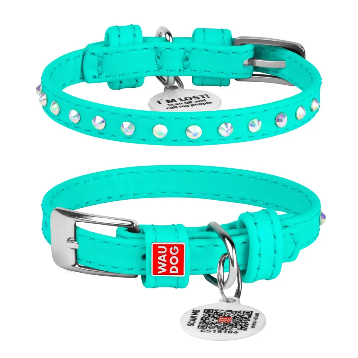 325213 Нашийник WAUDOG Glamour з QR-паспортом шкіряний з клей.стразами Ш 9мм Д 19-25см ментоловий