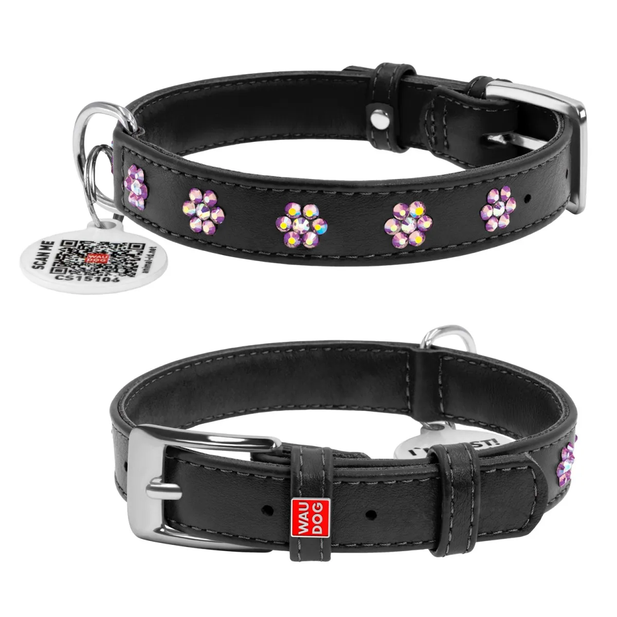 32531 Нашийник WAUDOG Glamour з QR-паспортом з клей. стразами "Квіти" Ш 9мм. Д 19-25см чорний