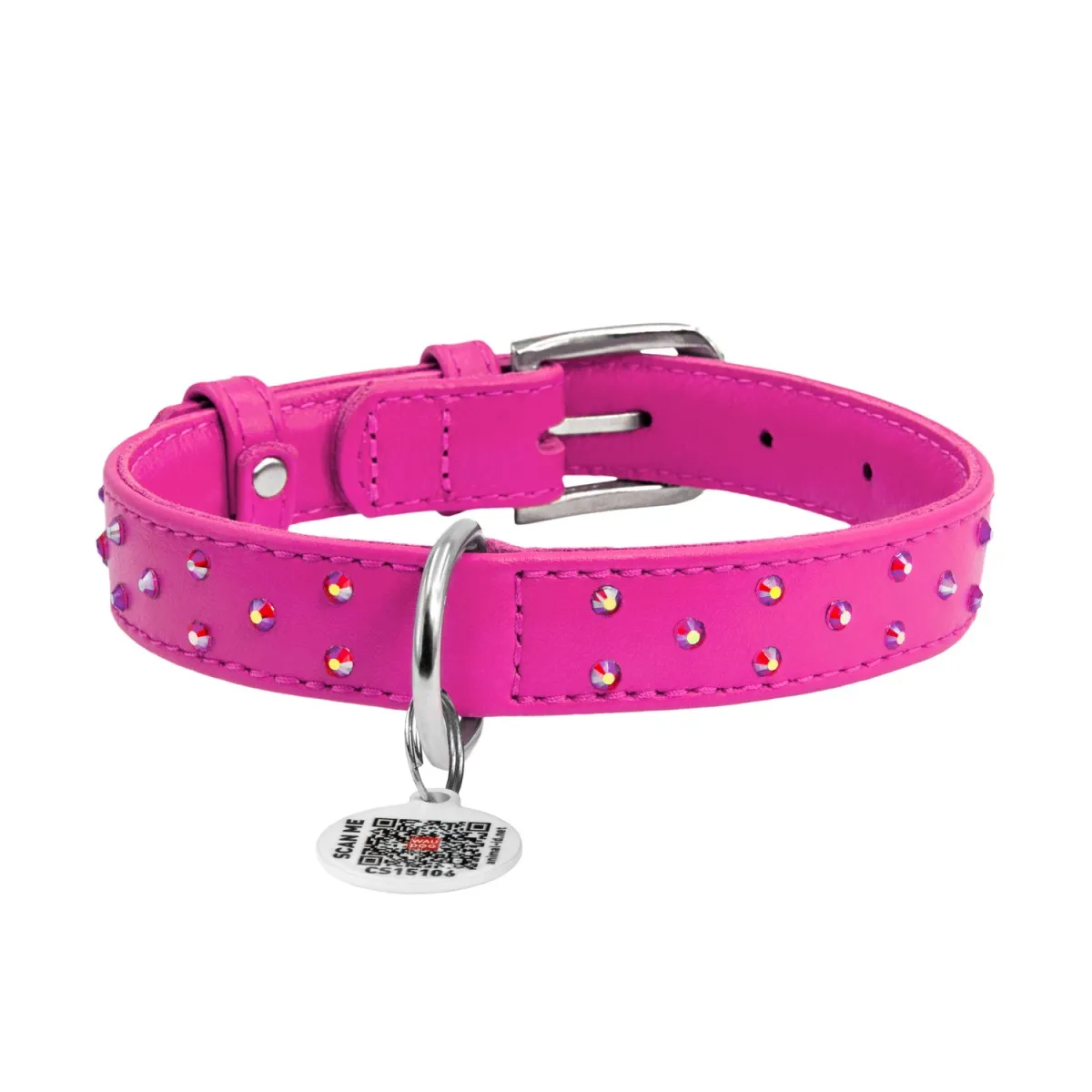 32527 Нашийник WAUDOG Glamour з QR-паспортом шкіряний з клей. стразами Ш 9мм Д 19-25см рожевий