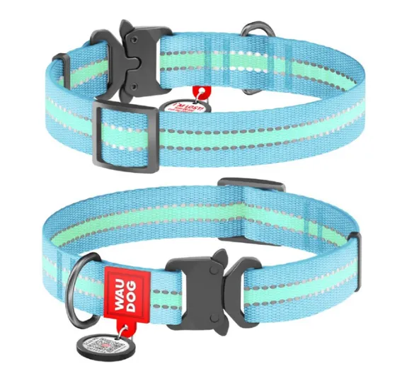 52142 Нашийник WAUDOG Nylon з QR паспортом, світлонакоп., метал. фастекс Ш 25мм Д 33-49см блакитний