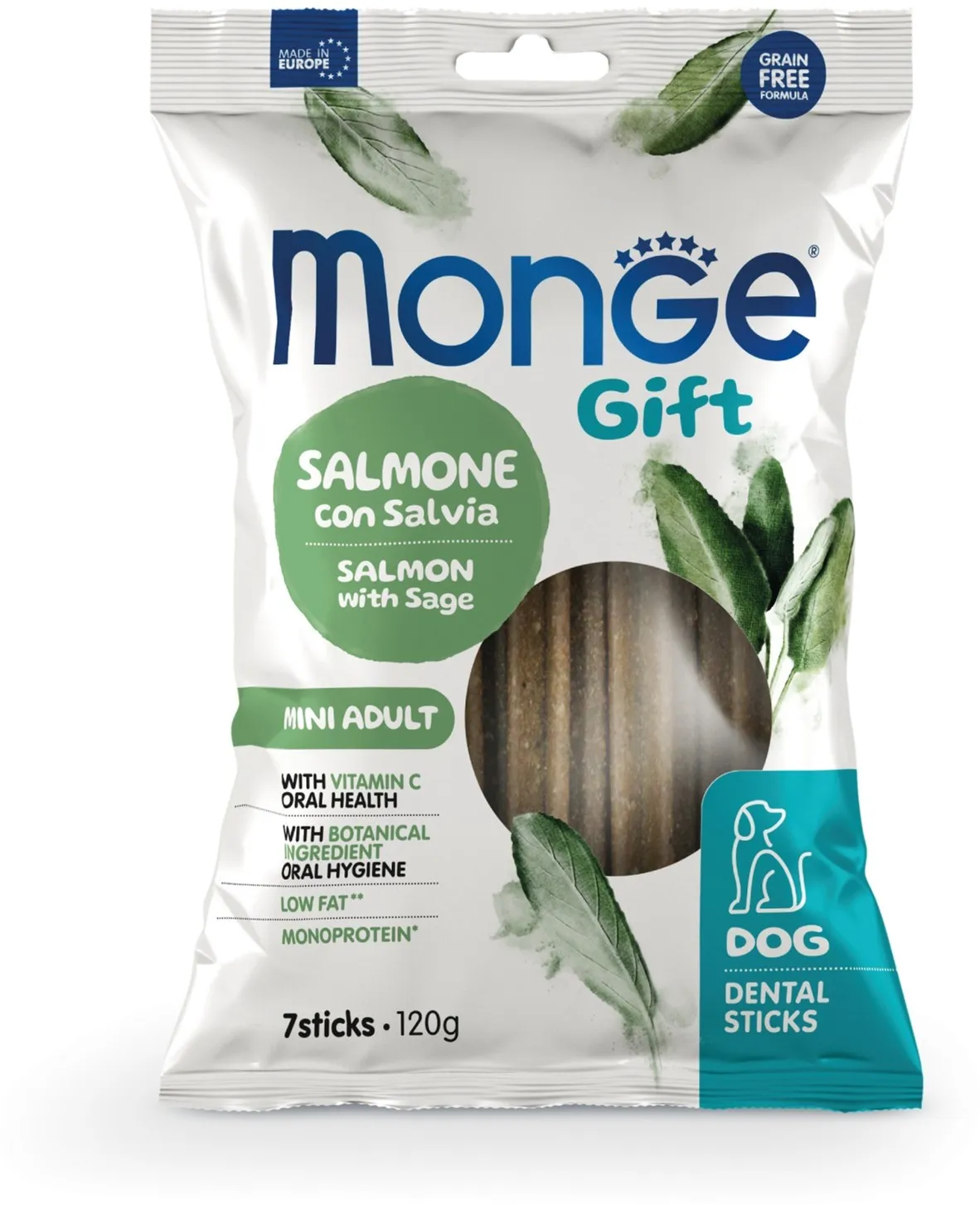 Ласощі для собак Monge Gift Mini Adult Dental sticks Salmon/Sage лосось/шавлія 120г 70085564