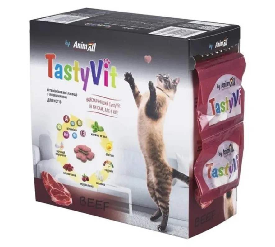 Вітамінізовані ласощі AnimAll TastyVit для котів з яловичиною 12шт