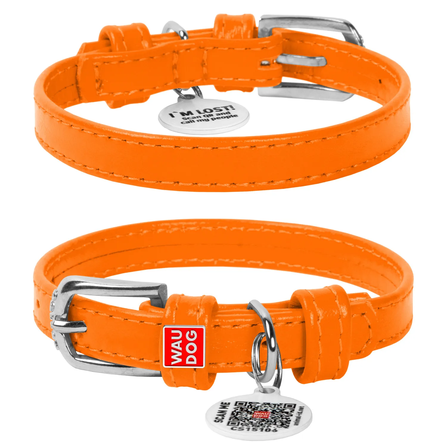 32754 Нашийник для котів шкіряний "CoLLaR GLAMOUR" з QR паспортом, без прикрас (шир.9мм, довж. 17-20см) помаранчевий