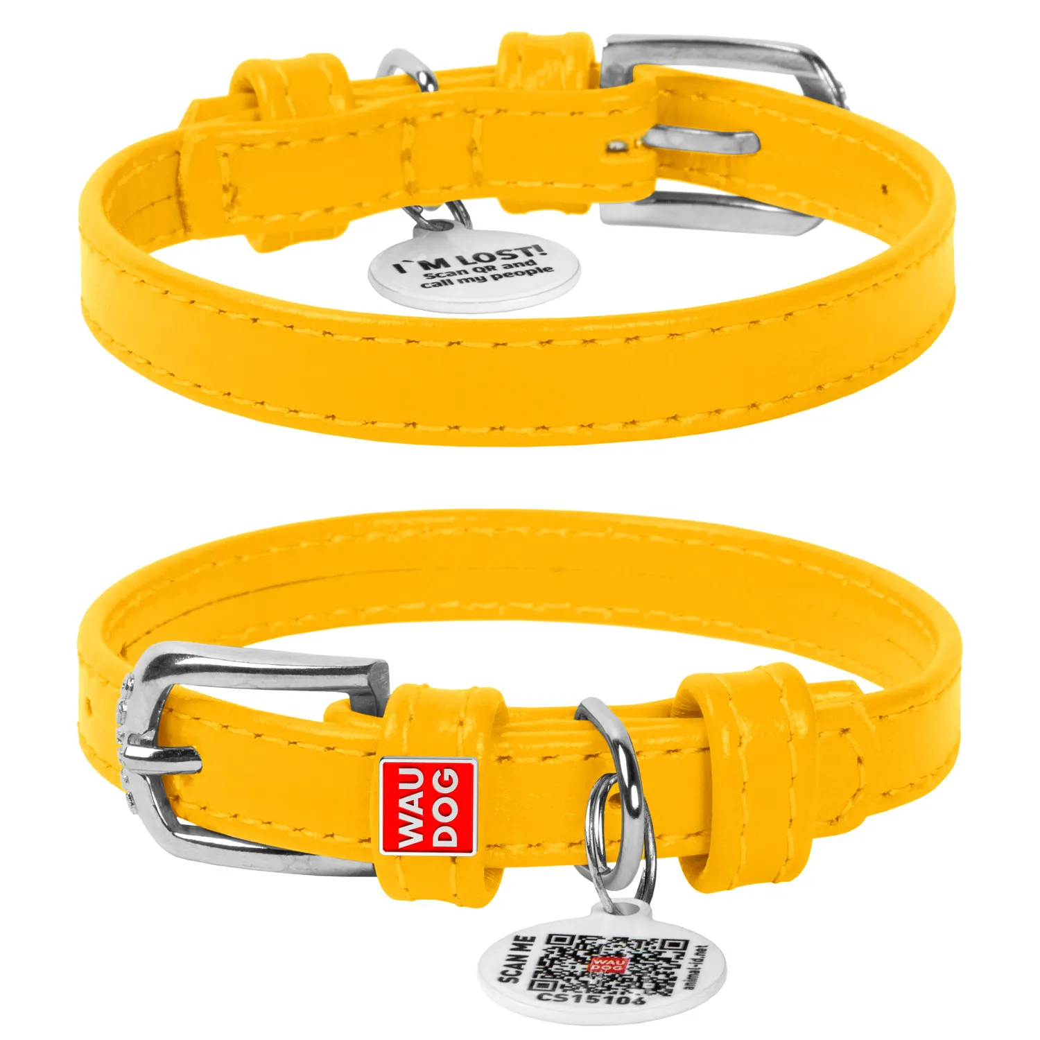 32758 Нашийник для котів шкіряний "CoLLaR GLAMOUR" з QR паспортом, без прикрас (шир.9мм, довж. 17-20см) жовтий