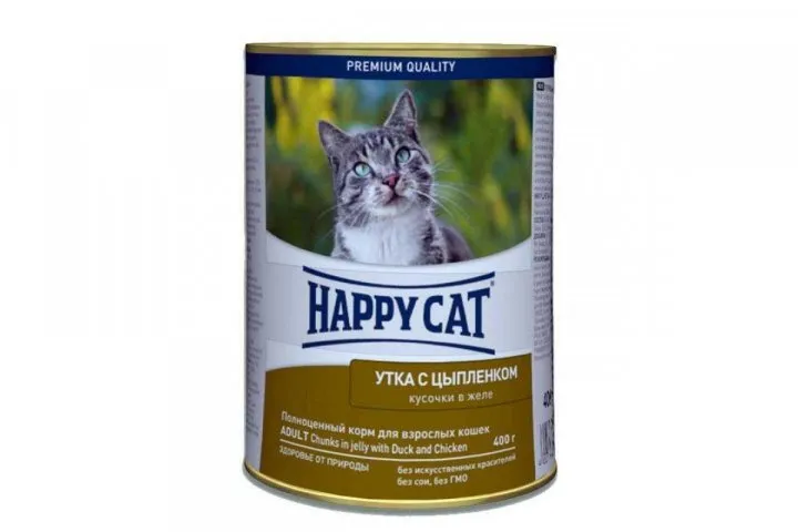 1002422 Happy Cat 400г консервований корм для котів з качкою та курчам в желе