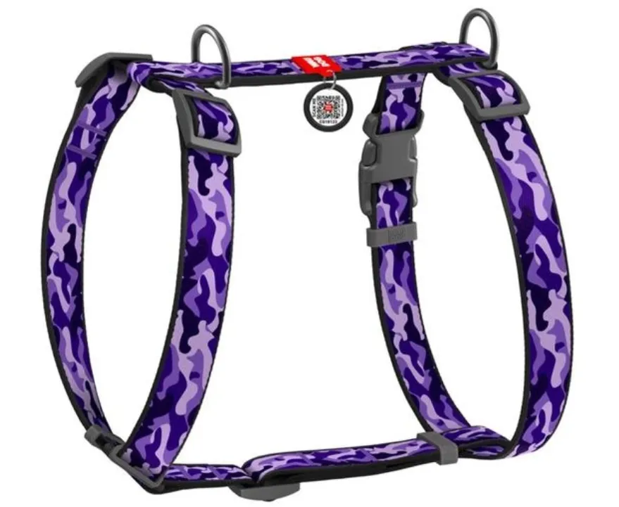 5604 Шлея WAUDOG Nylon анатомічна Н-образна, з QR-паспортом, малюнок "Фіолетовий камо", пласт. фастекс S Ш 15мм А 30-40см В 30-50см