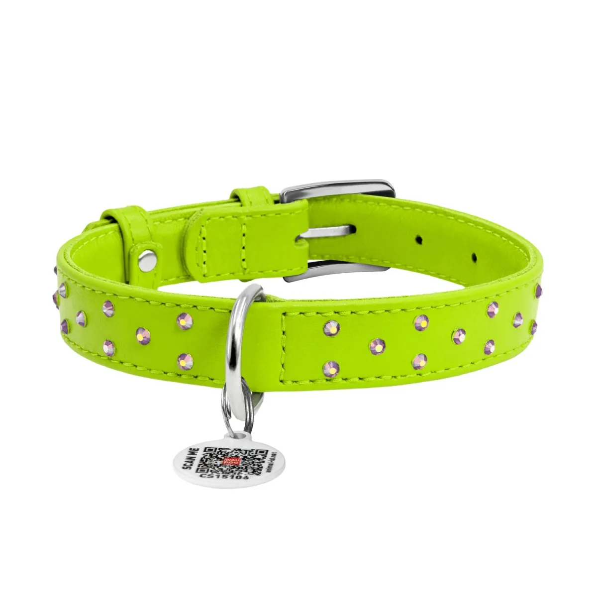 32685 Нашийник WAUDOG GLAMOUR з QR паспортом, з клей. стразами Ш 12мм, Д 21-29см салатовий