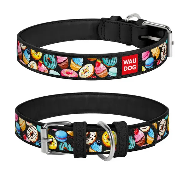 36861/368615 Нашийник WAUDOG Design з QR паспортом, шкіряний, малюнок "Пончики" Ш 12мм Д 18-24см чорний/білий
