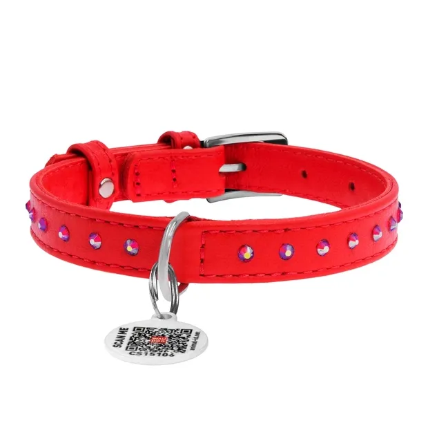 32683 Нашийник WAUDOG Glamour з QR паспортом, з клей. стразами Ш 12мм Д 21-29см червоний