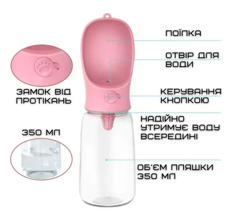 Дорожня поїлка 350мл рожева 8*8*28см LS210