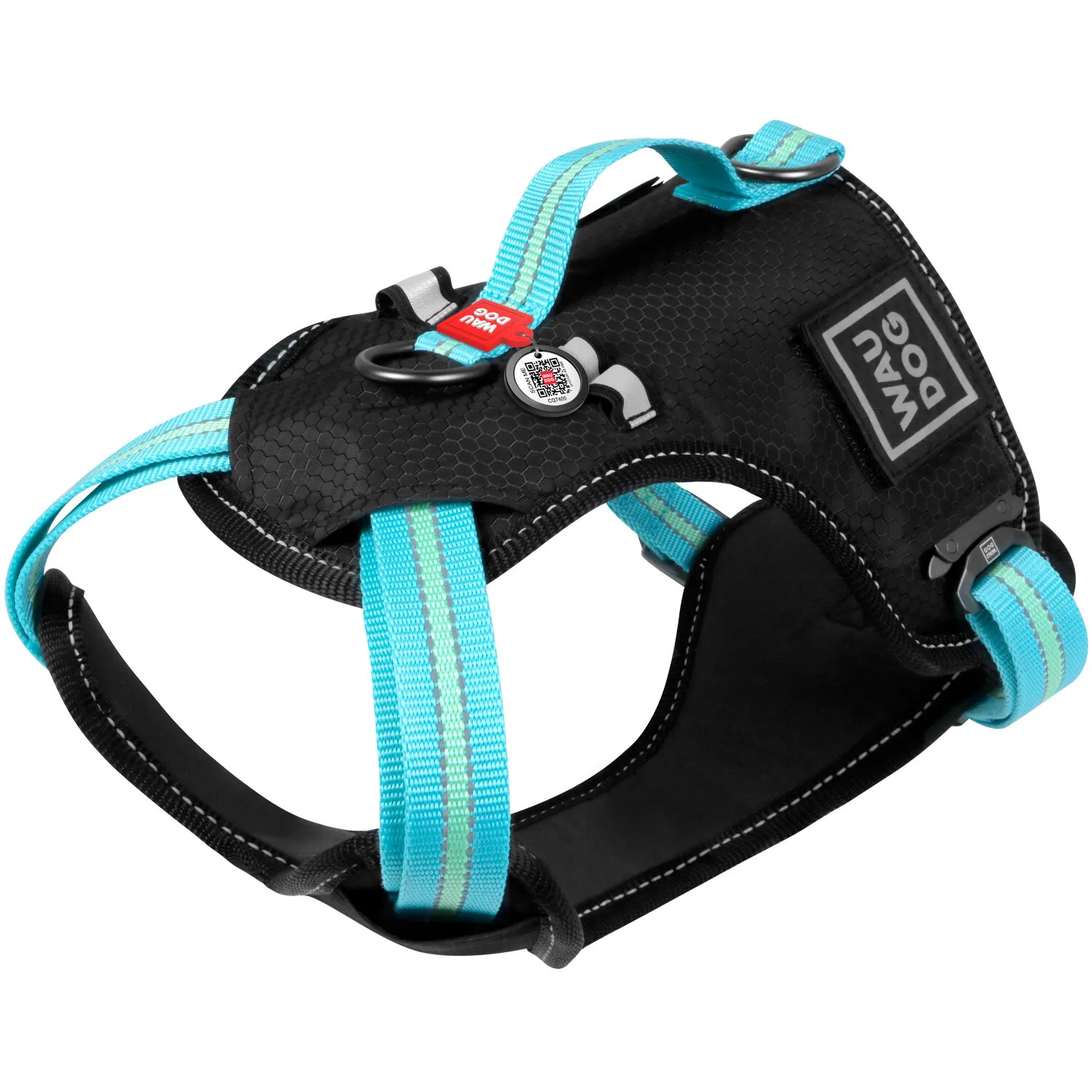 52472 Шлея для собак безпечна WAUDOG Nylon с QR-паспортом, металічна пряжка-фастекс S, Ш -20 мм, Дов-A 35-60, В-55-65 см Блакитний